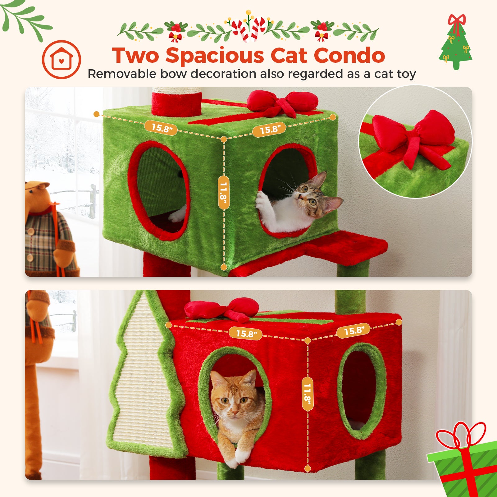 Two red and green gift-box cat condos with multiple entry openings, removable bow decorations, and a Christmas tree scratching pad