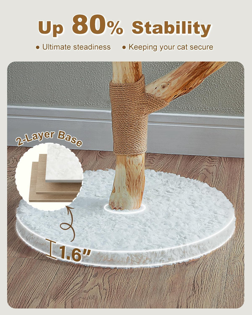 Cat tree with a round base and jute wrap, showing stability features.