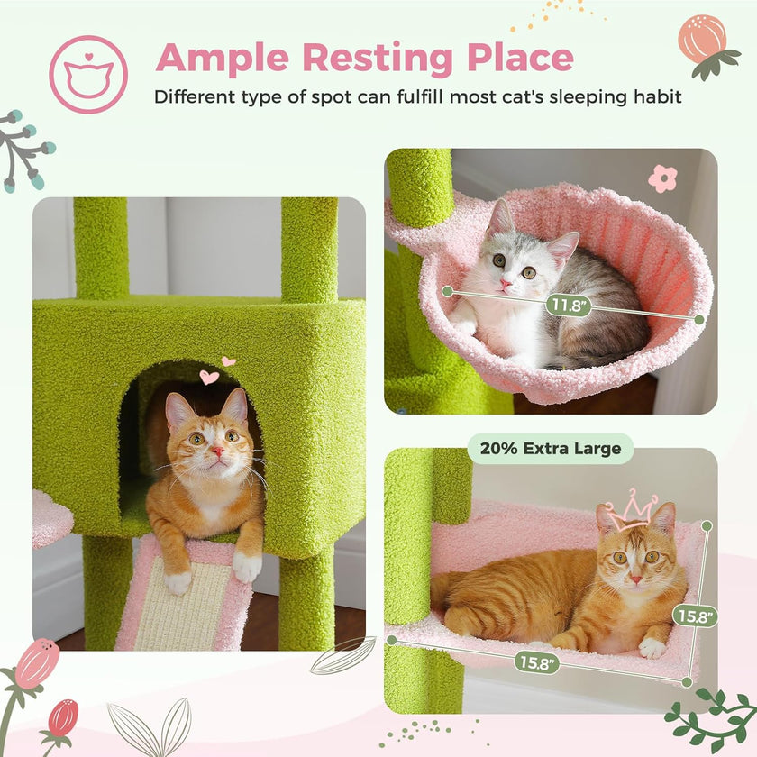 Cat furniture with multiple cat positions and text about ample resting place.