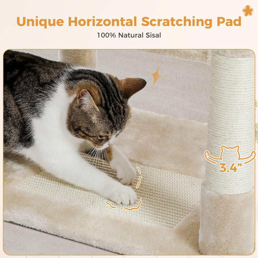 Cat using a horizontal scratching pad with natural sisal, text indicating it's 100% natural.