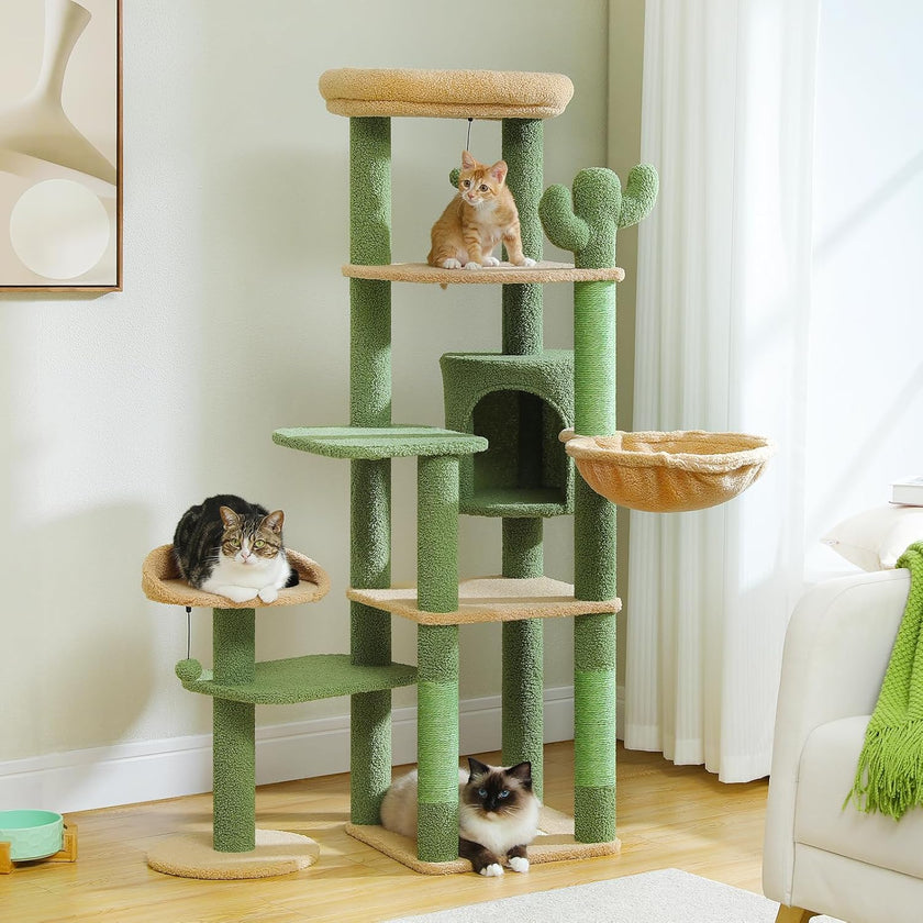 Cat tree with multiple levels and a cat sitting on each level in a room.