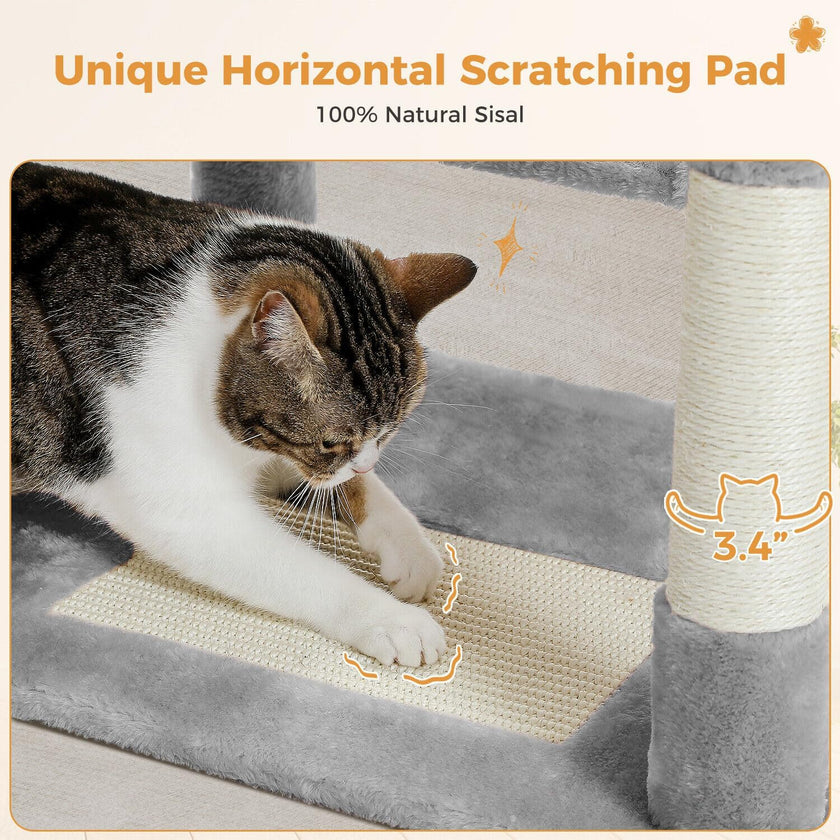 Cat using a horizontal scratching pad with text indicating it's made of 100% natural sisal.
