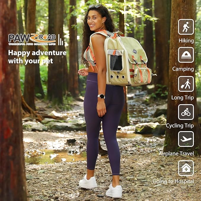 Woman in a forest with a pet backpack, surrounded by nature.