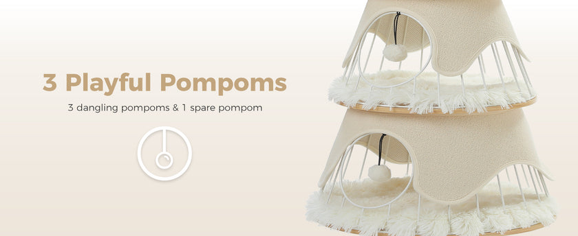 White Christmas tree themed holiday cat tree Cat tree with pom-poms on a light beige background