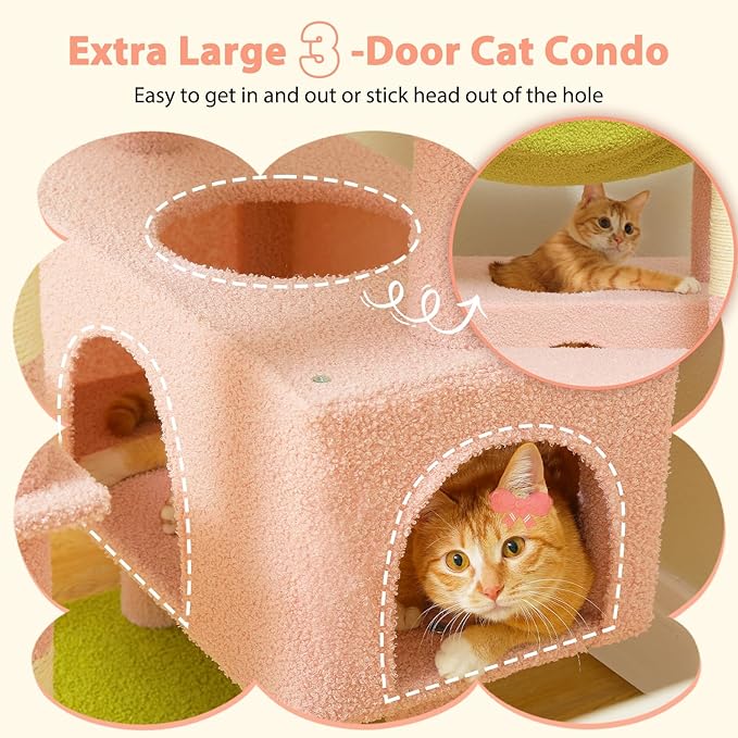 183cm Multi-Level Flower Cat Tree Large Cat Tower with Steel Frame Hammock and 7 Scratching Posts - Pink