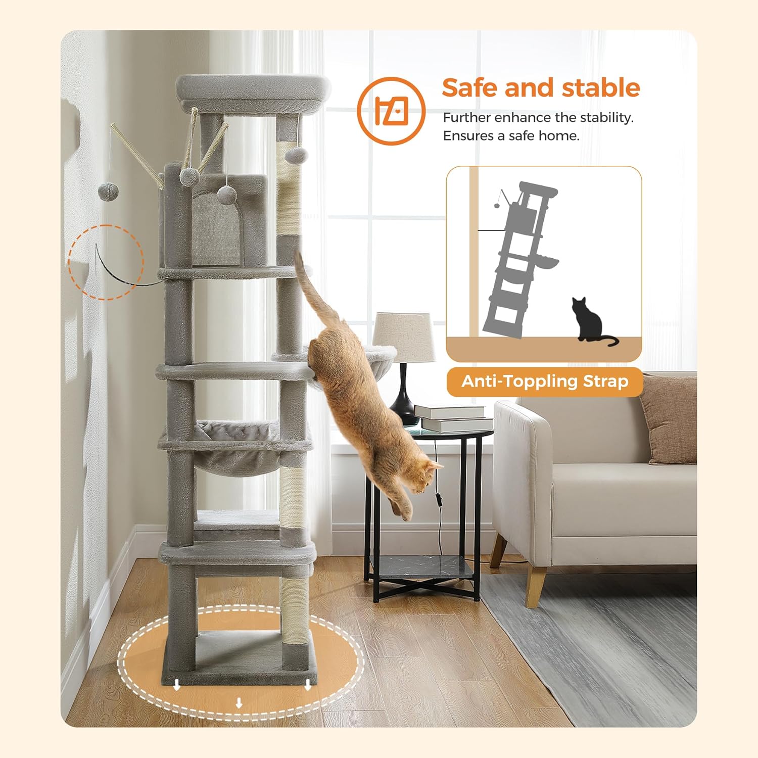 Stable modern cat tower by Catopia Co., featuring anti-toppling straps for extra safety in multi-cat homes. Premium and safe cat furniture by a Canadian local business, ships within Canada only.
