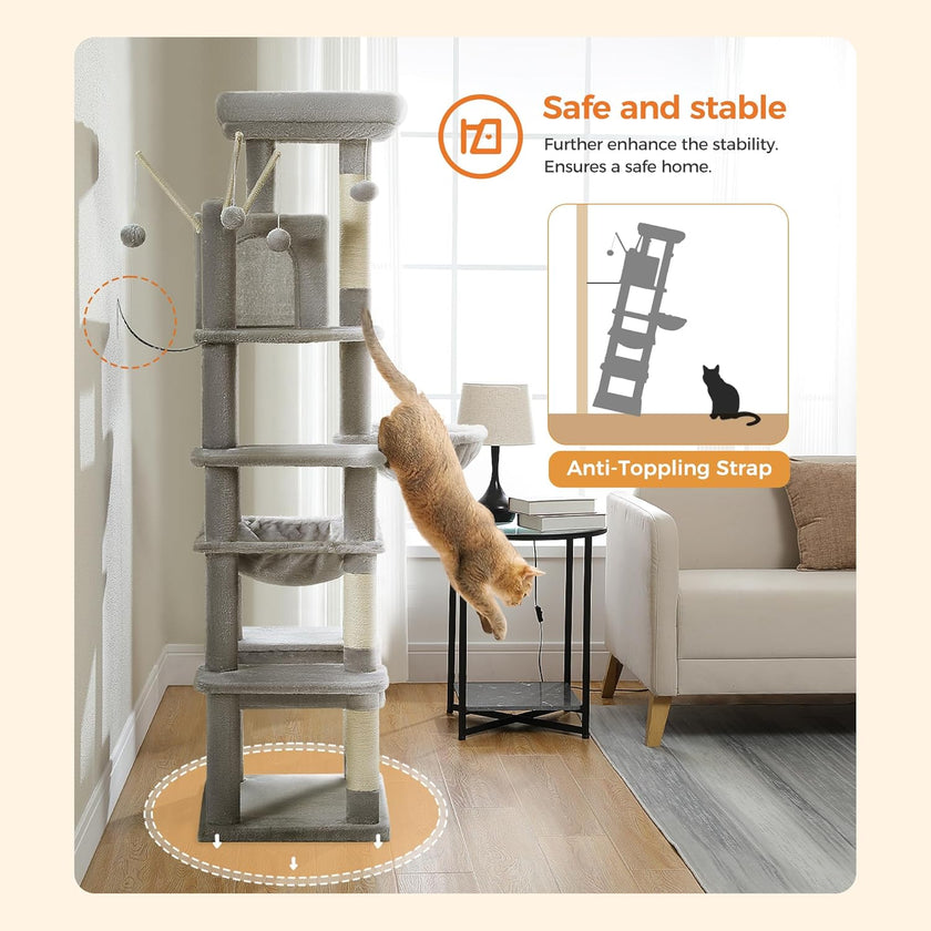 Cat climbing tower with safety features in a living room setting