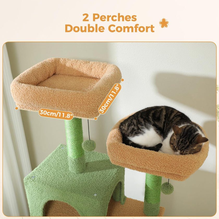 Cat tree with two perches labeled '2 Perches Double Comfort' featuring a cat resting.