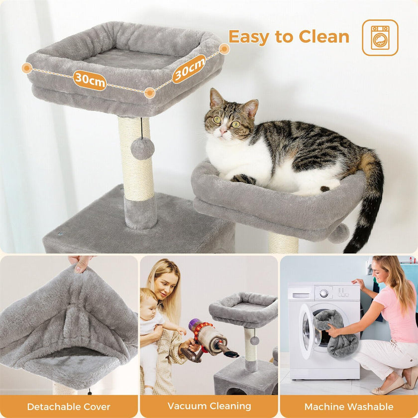 Cat tree with detachable cover, vacuum cleaning, and machine washing features.