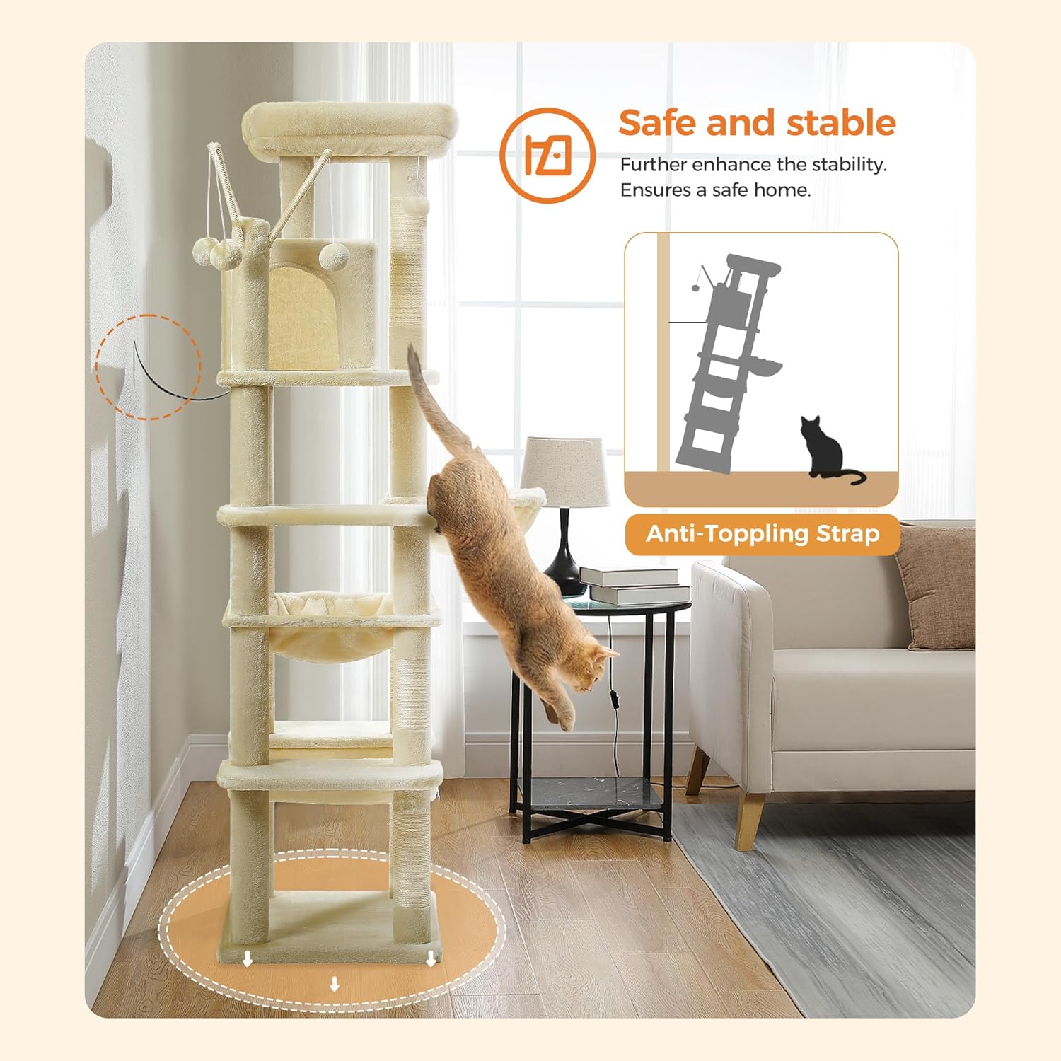 Catopia Co. modern cat tree with anti-toppling strap for enhanced safety and stability in multi-cat homes. This tall and stylish cat furniture is ideal for active cats. Canadian local business, ships only within Canada.