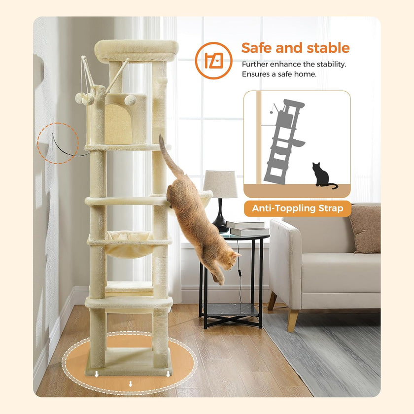 Cat climbing tree with safety features in a living room setting