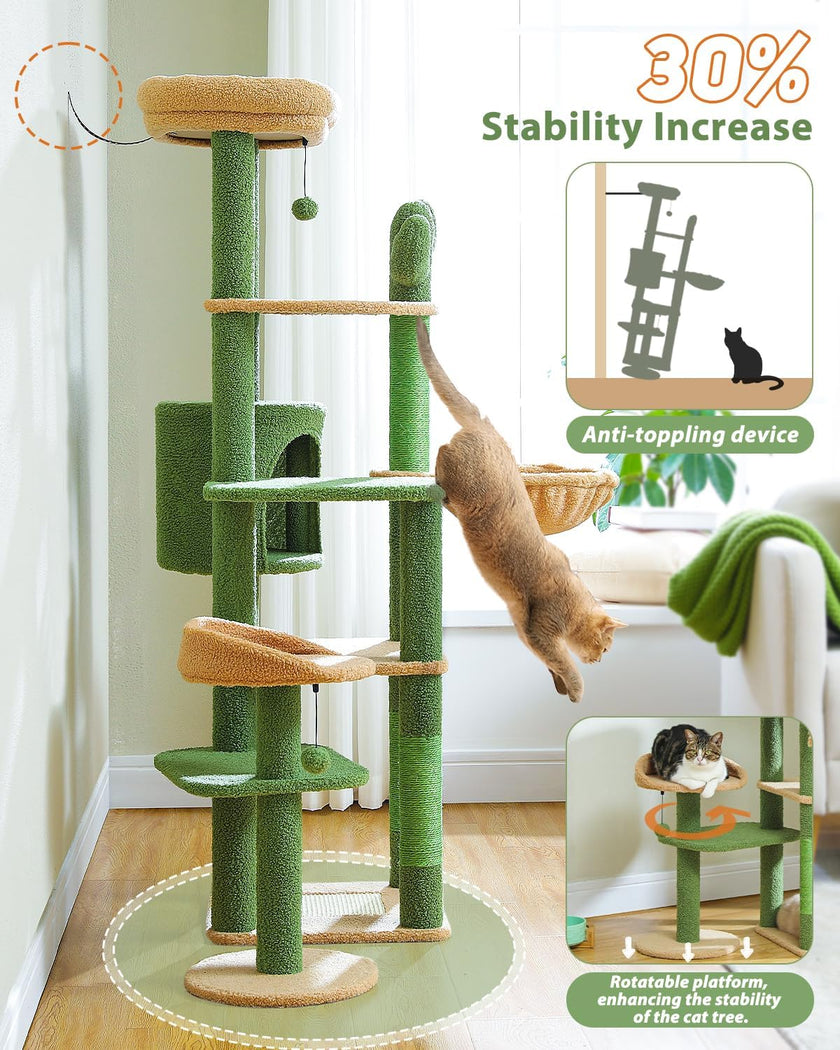 Cat tree with multiple levels and a cat climbing on it, with text highlighting stability increase and anti-toppling device.