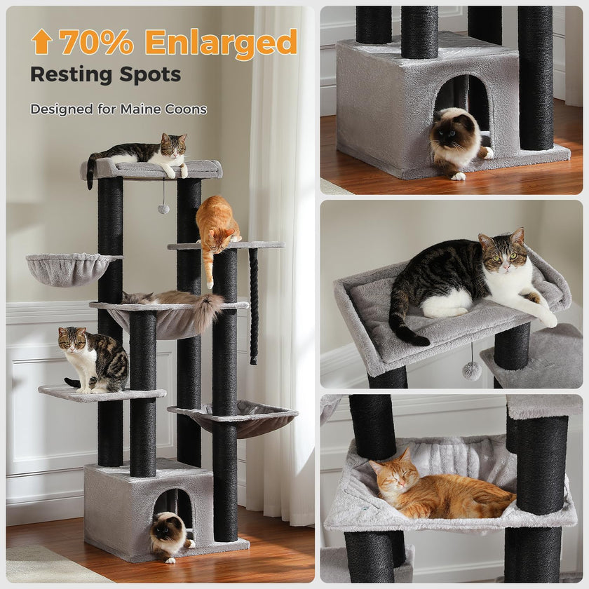 Cat tree with multiple levels and resting spots, designed for Maine Coons, shown in various angles.