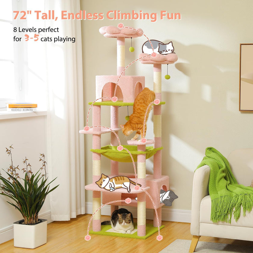 Cat climbing tree with multiple levels in a room setting