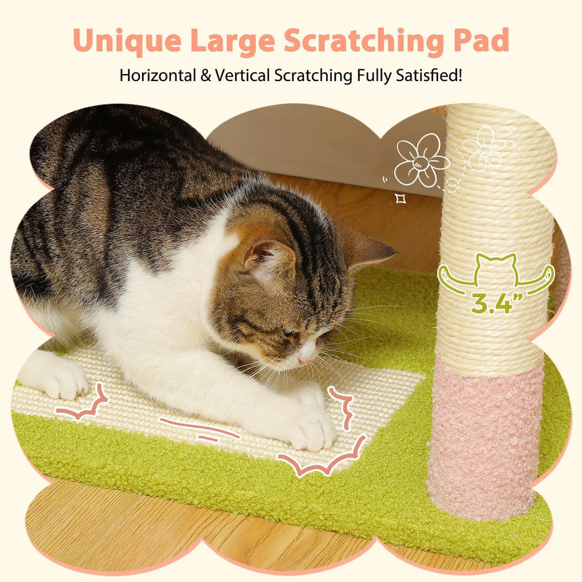 Cat using a large scratching pad with a vertical and horizontal scratching surface.