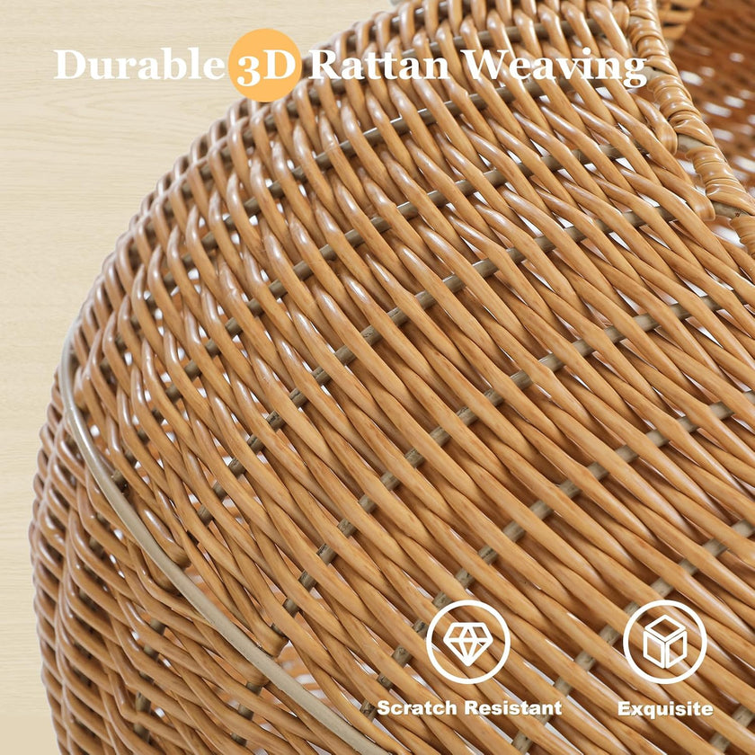 Close-up of a wicker basket with 'Durable 3D Rattan Weaving' text and icons on a beige background.