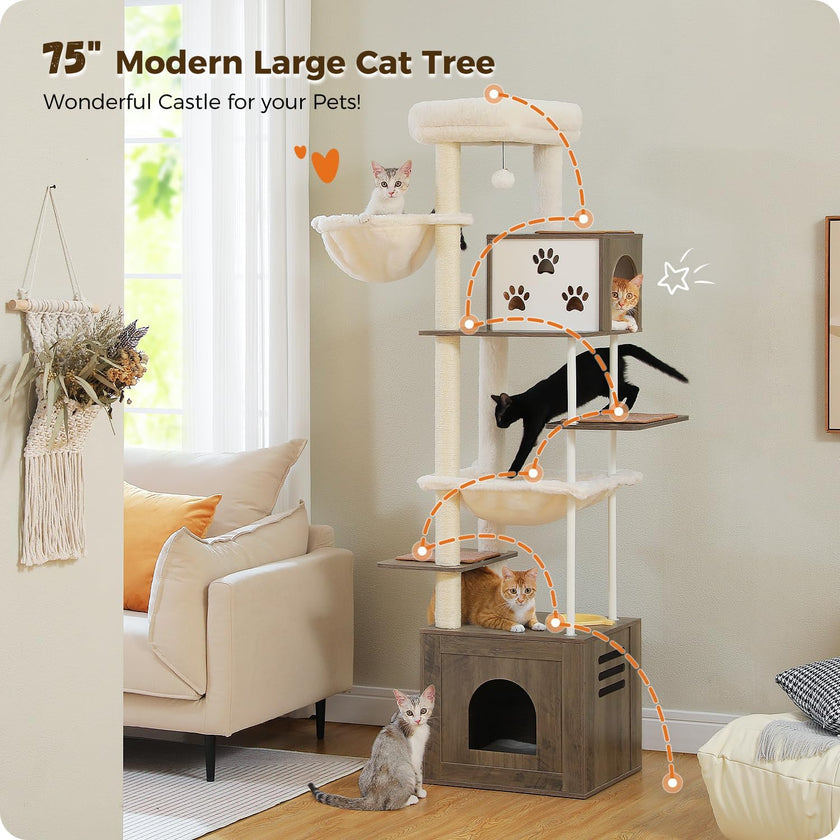 75-inch Catopia Co, Canada modern large cat tree with multiple levels and a cozy living room setting.