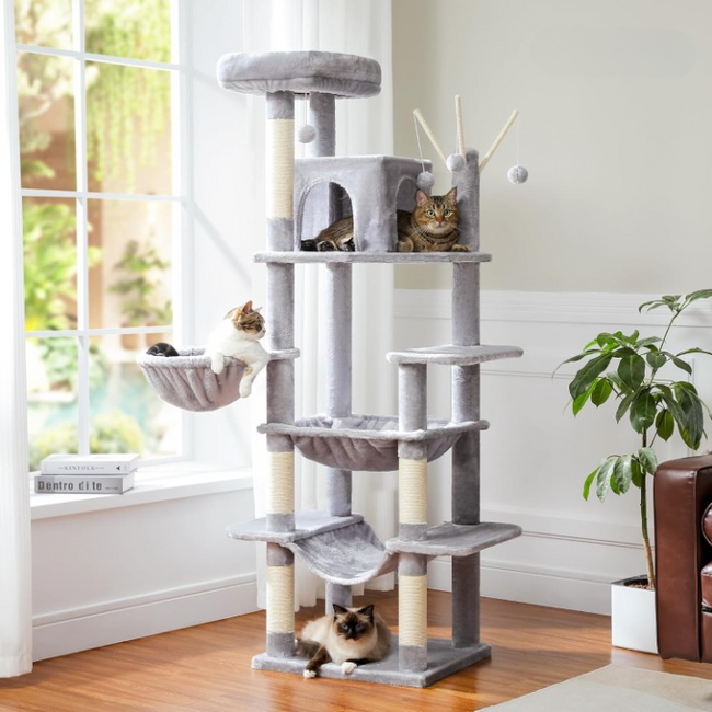 Modern multi-level grey cat tower by Catopia Co., designed for multi-cat households with lounging hammocks, sisal posts, and spacious condos. A luxurious and functional cat tree by a Canadian local business, ships only within Canada.