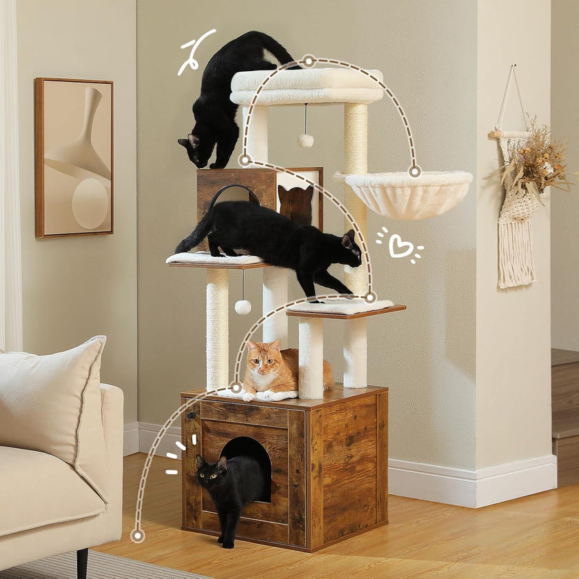 Cat tree with multiple cats in a living room setting