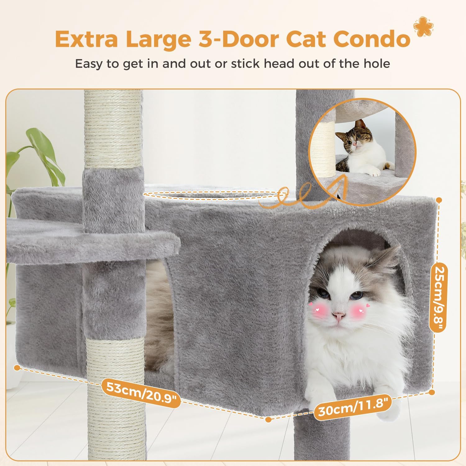 183cm Multi-Level Flower Cat Tree Large Cat Tower with Steel Frame Hammock and 7 Scratching Posts - Grey