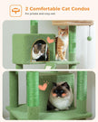 Two cozy cats lounging atop the dual top beds of a modern green cat tree by Catopia Co., a Canadian local business that ships only within Canada. This stylish cat tower features plush perches and textured scratch posts, perfect for a multi-cat household seeking luxury cat furniture with elevated comfort.