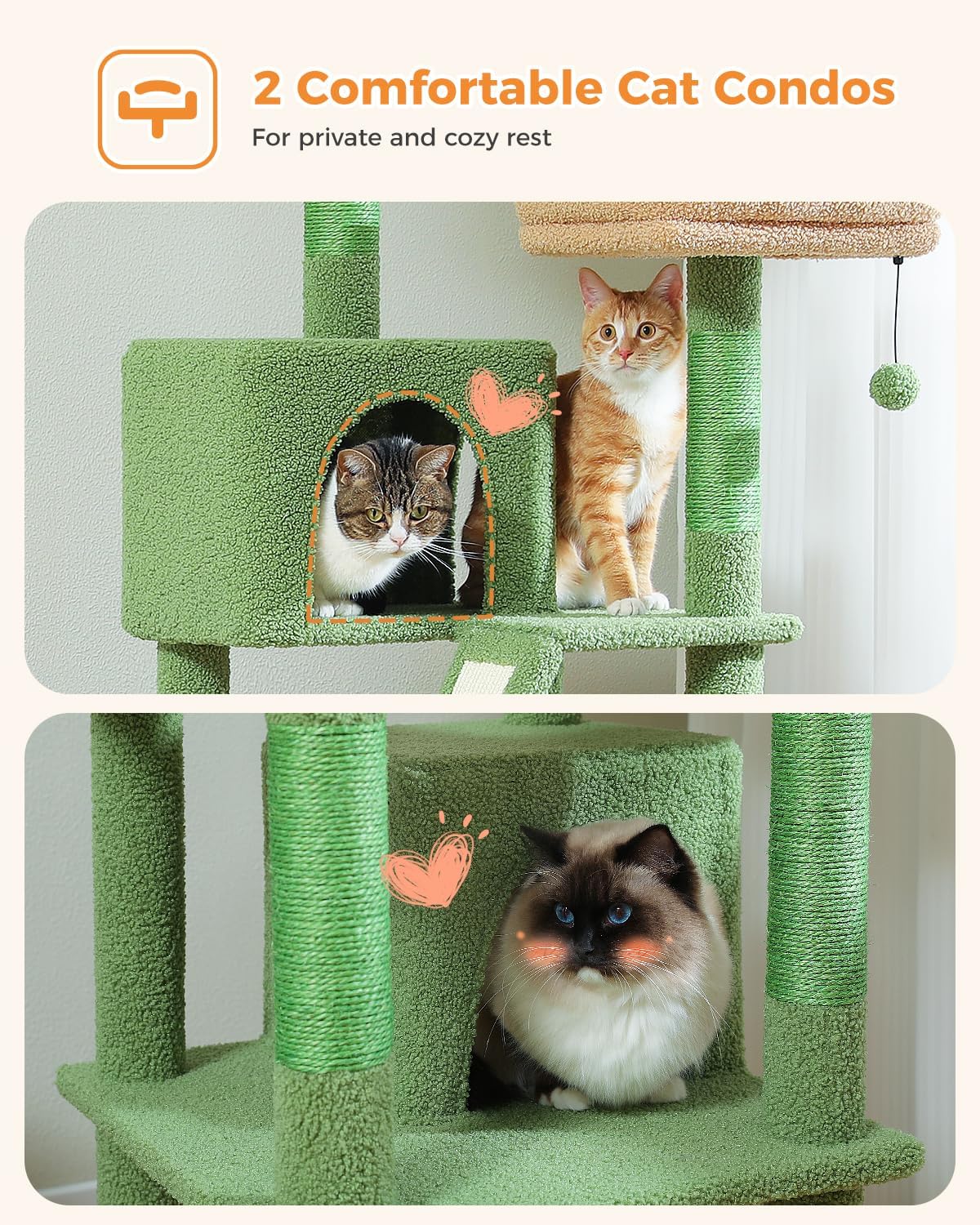 Two cozy cats lounging atop the dual top beds of a modern green cat tree by Catopia Co., a Canadian local business that ships only within Canada. This stylish cat tower features plush perches and textured scratch posts, perfect for a multi-cat household seeking luxury cat furniture with elevated comfort.