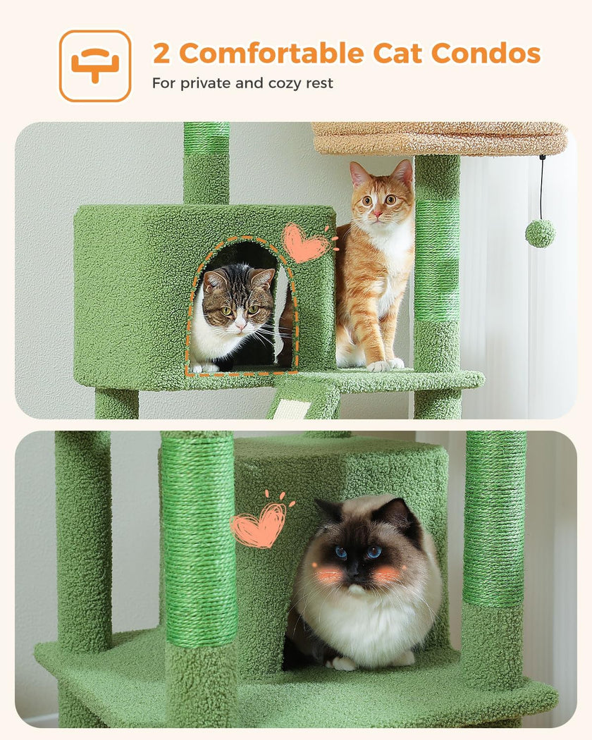 Green cat tree with three cats on different levels, labeled '2 Comfortable Cat Condos'.