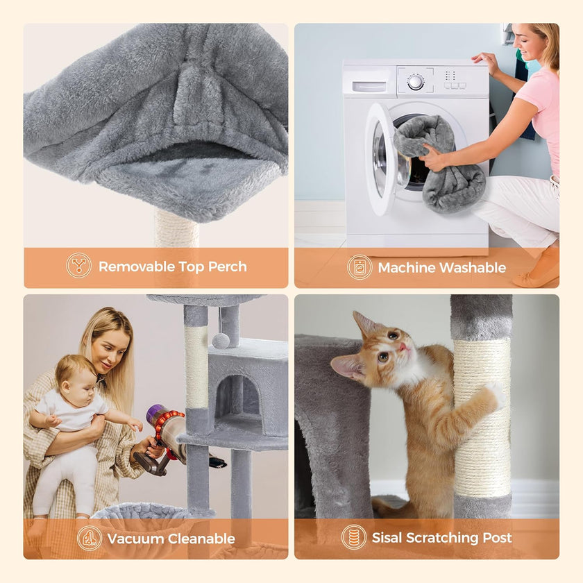 Collage of a cat tree with features like removable top perch, machine washability, vacuum cleanability, and sisal scratching post.