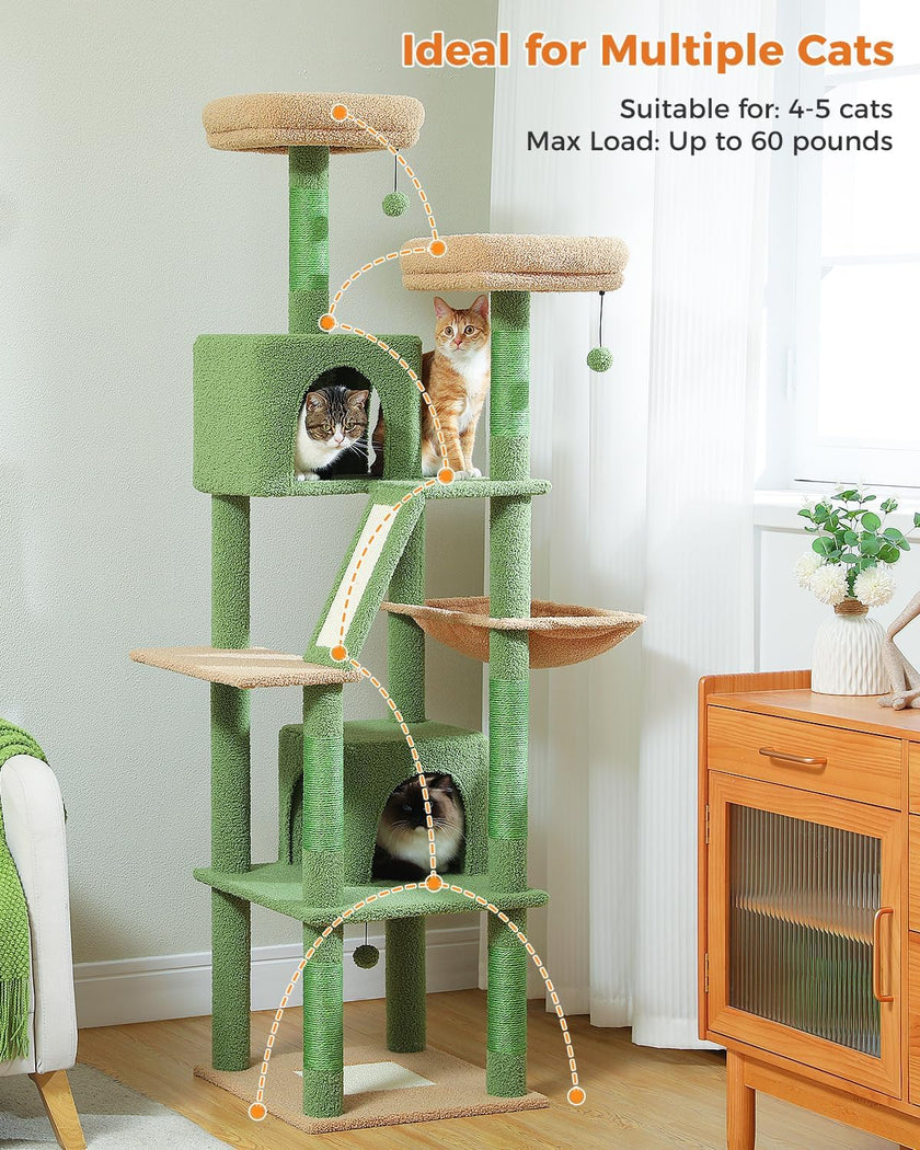 Green cat tree with multiple cats on a light gray background