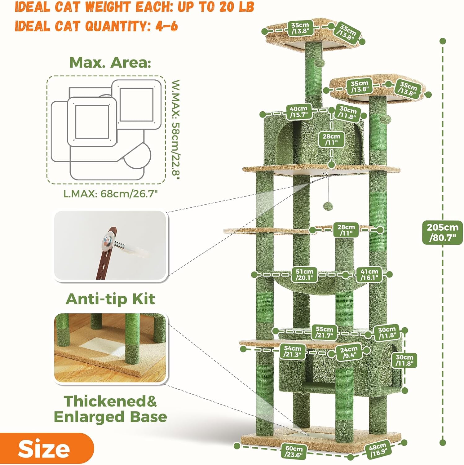 Heavy Duty Cat Tree for Large Cats, 205cm