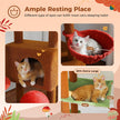 Cat furniture with cats on a pink background, highlighting different resting spots.
