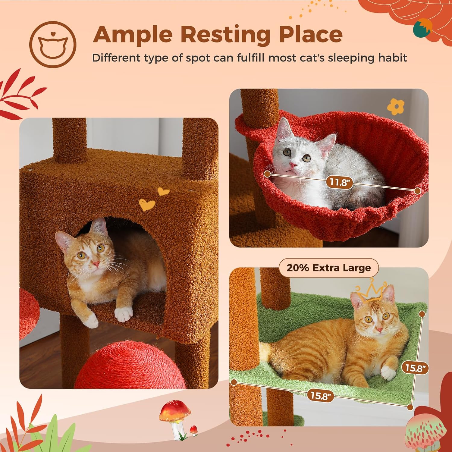 Cat furniture with cats on a pink background, highlighting different resting spots.