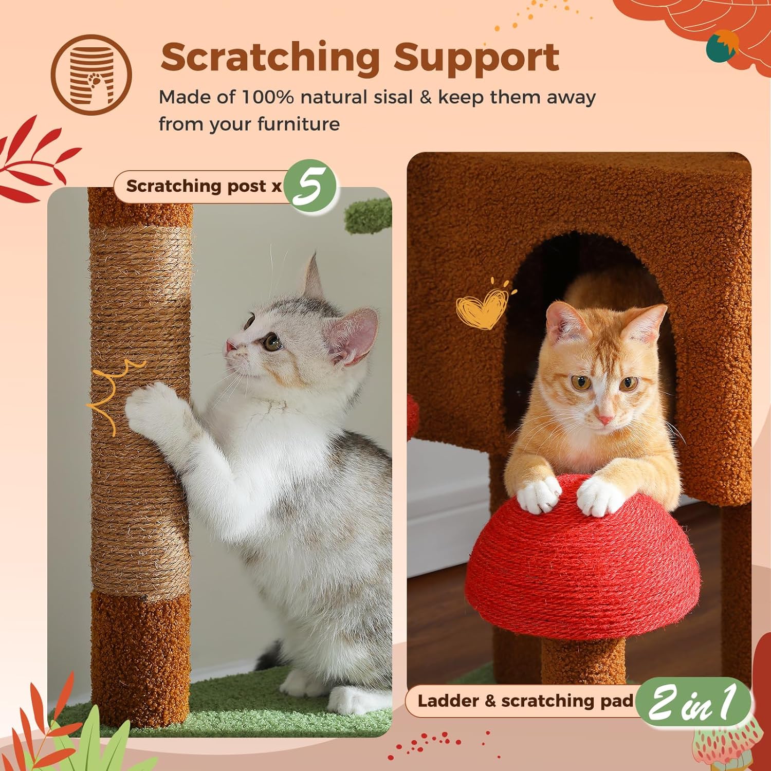 Cat scratching post with a cat climbing on it, and another cat sitting on a red mushroom shaped platform with a scratching pad.