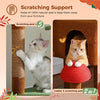 Cat scratching post with a cat climbing on it, and another cat sitting on a red mushroom shaped platform with a scratching pad.