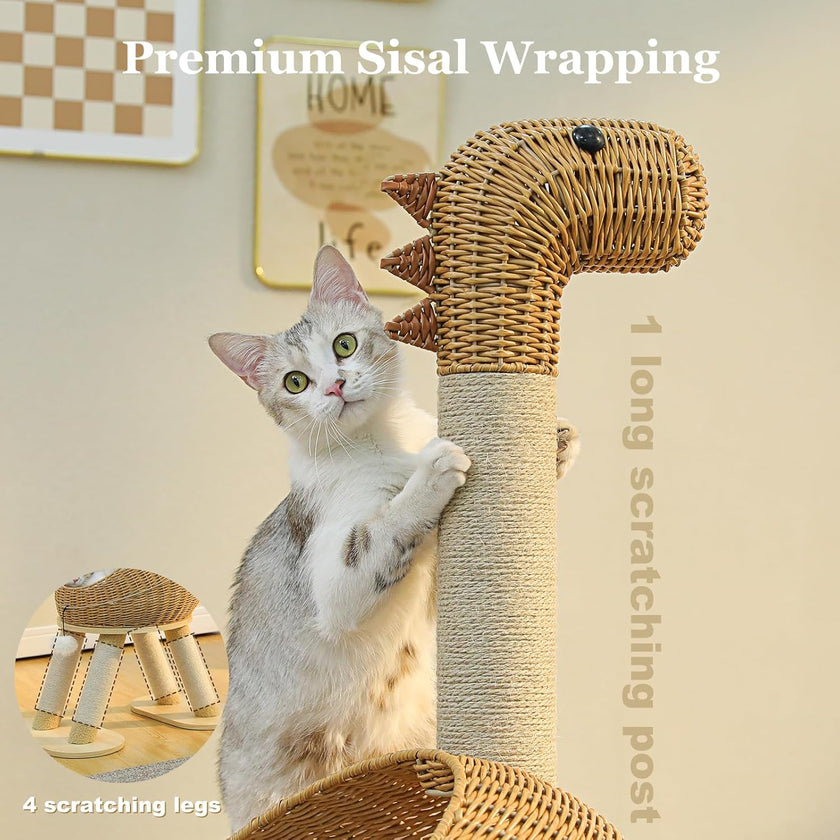 Cat climbing a wicker cat tree with text highlighting features