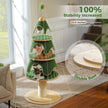 Three-tiered cat tree with a double base design in a living room setting. Green Christmas tree themed holiday cat tree by Catopia Co. Canada