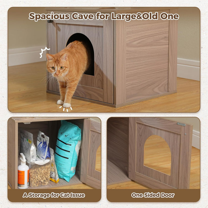 Wooden pet house with a cat inside, showing storage compartments and a one-sided door.