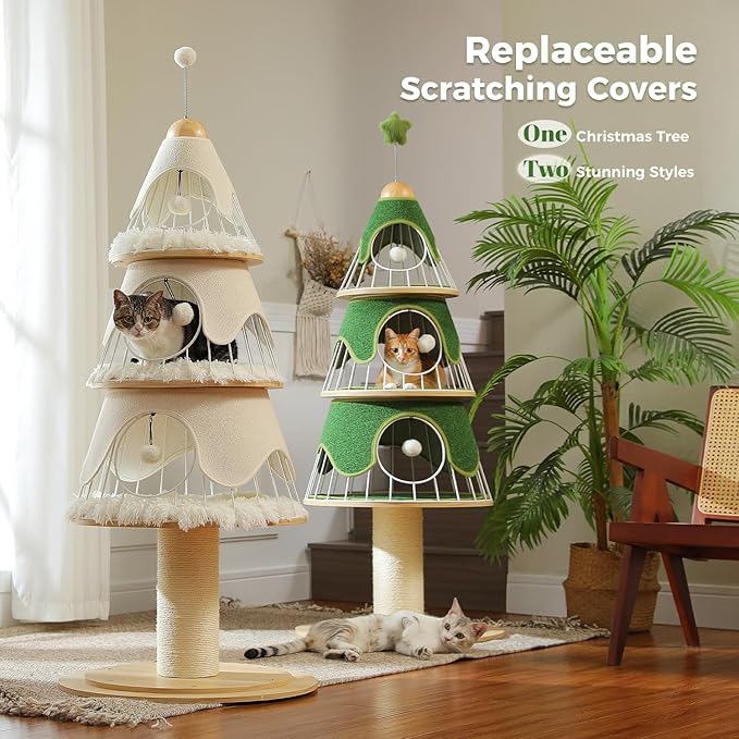 Two cat trees, one beige and one green, with replaceable scratching covers in a room setting.