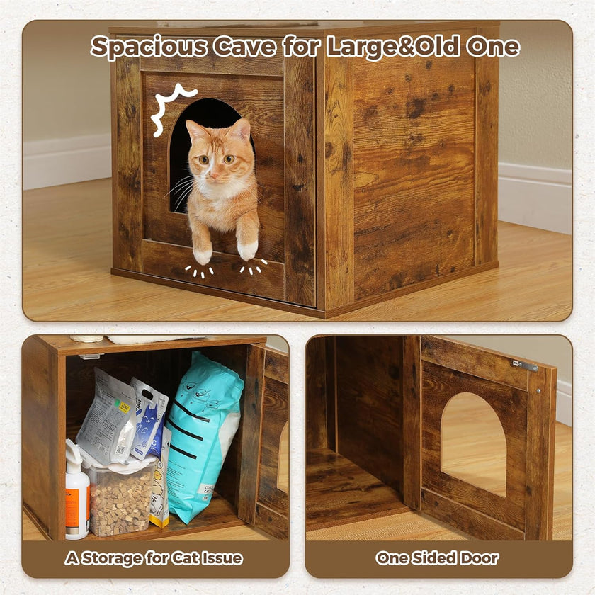 Wooden pet house with a cat peeking out, showing storage inside, and a one-sided door.