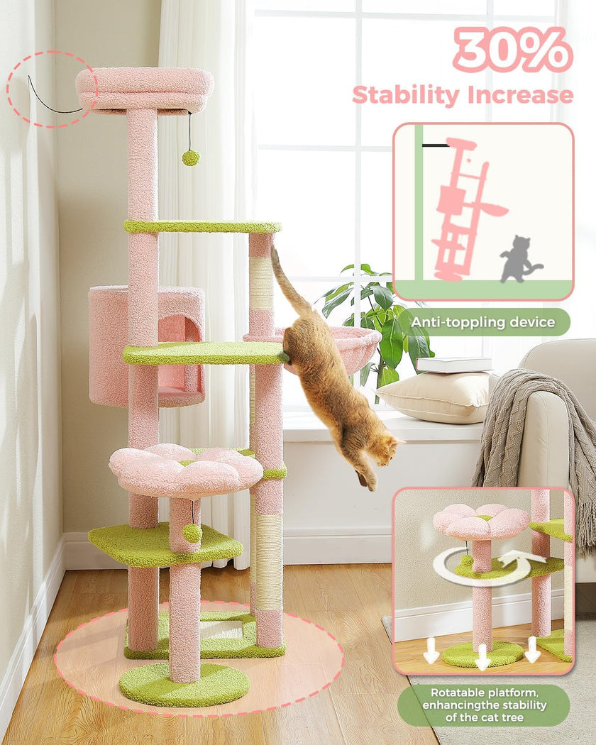 Pink and green cat tree with stability features in a home setting
