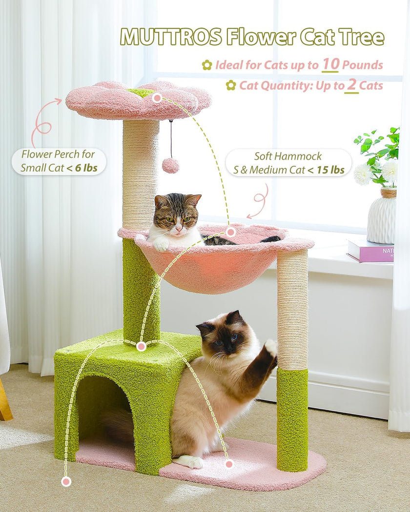 Cat tree with pink flower perch and green base, featuring two cats on a light-colored floor.