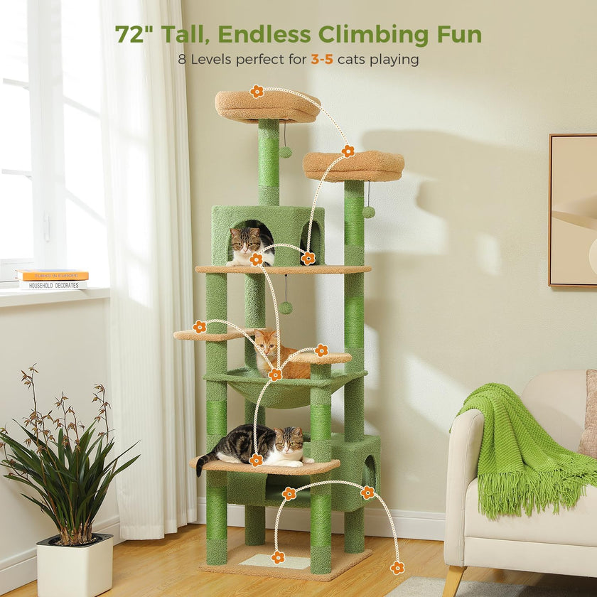 Cat tree with multiple levels in a room setting, featuring text about its height and suitability for cats.