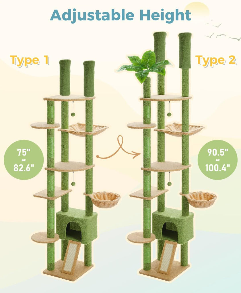 Two adjustable-height cat trees with measurements on a light background