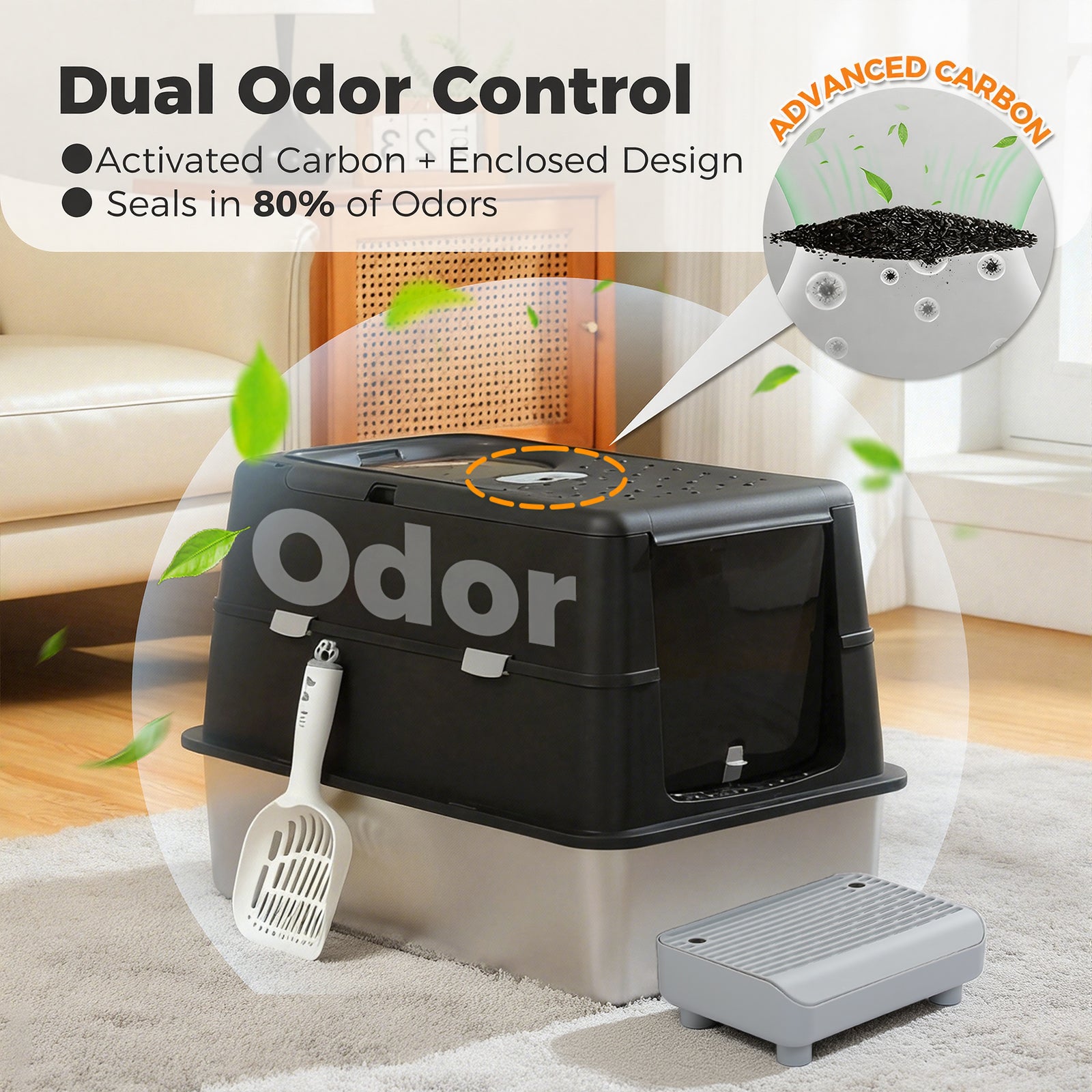  enclosed cat litter box with activated carbon filter and stainless steel litter base