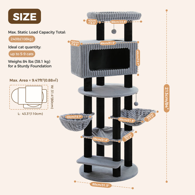 Dimensions of black and grey extra tall cat tree measuring 84 inches high with a 43.3 by 31.5 inch footprint