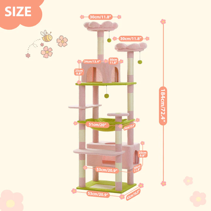 Measurement chart of a pink and green cat tree with dimensions labeled.