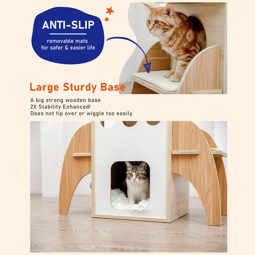 Wooden cat house with cats inside, featuring anti-slip mats and a large sturdy base.