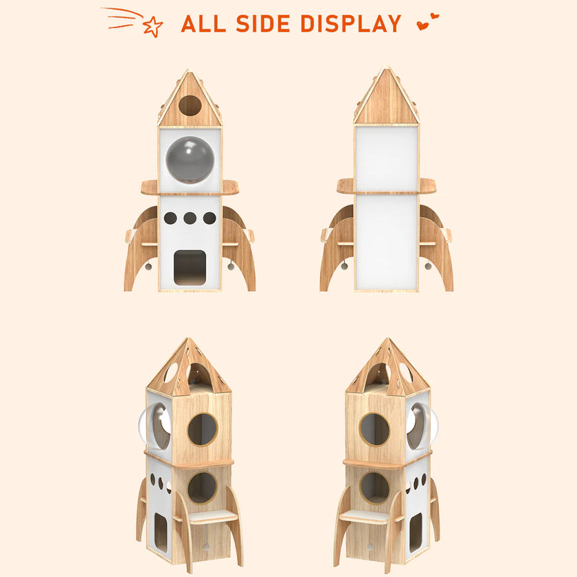 Wooden cat tree designed like a rocket with multiple sides on a beige background