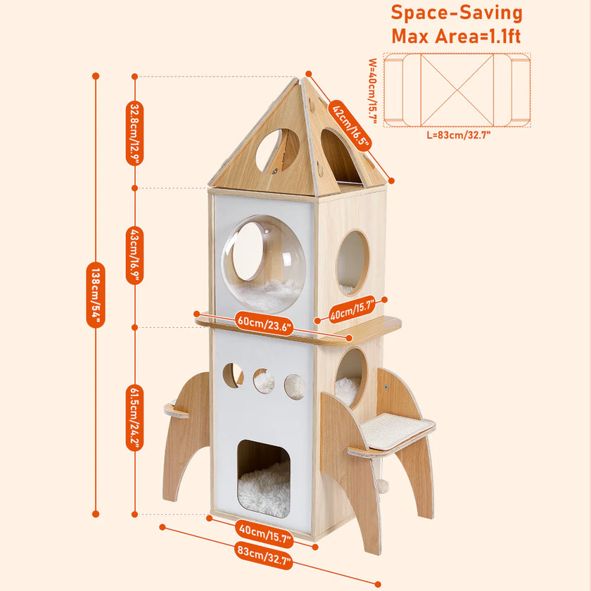 Wooden cat tree with dimensions labeled on a beige background