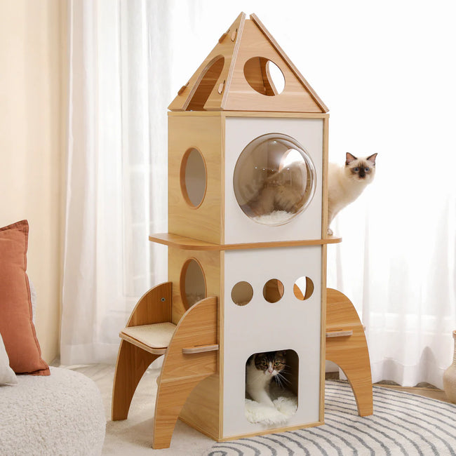 Catopia Co. Rocket Shape Cat Tree Canada – 137cm Modern Wooden Luxury Cat Tower with Acrylic Porthole